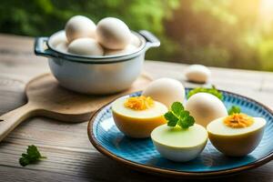 eggs on a plate with a bowl of water. AI-Generated photo