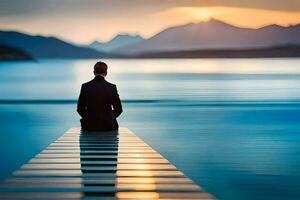 a man sitting on a dock looking out at the water. AI-Generated photo