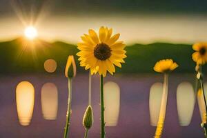 sunflower, sunset, water, lake, nature, hd wallpaper. AI-Generated photo