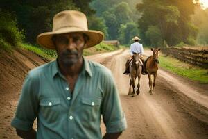 a man in a hat standing on a dirt road with horses. AI-Generated photo