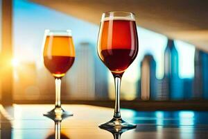 two glasses of red wine on a table with cityscape in the background. AI-Generated photo