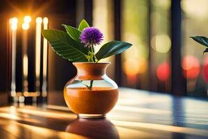 a vase with a flower in it on a table. AI-Generated photo
