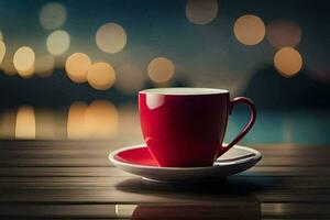 red cup on a wooden table with bokeh lights. AI-Generated photo