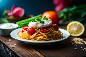 spaghetti with tomatoes, basil and cream on a wooden table. AI-Generated photo