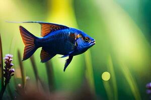 a blue fish swimming in an aquarium. AI-Generated photo