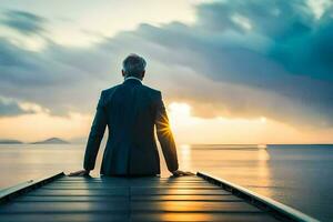 a man in a suit is sitting on a dock looking out at the ocean. AI-Generated photo