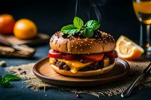 a hamburger with cheese, tomatoes and herbs on a plate. AI-Generated photo