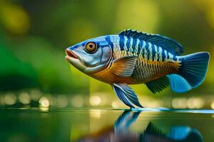 un pescado con azul y naranja rayas es flotante en el agua. generado por ai foto