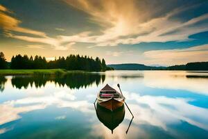 a boat on a lake with a sky and trees. AI-Generated photo