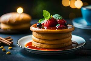 a stack of pancakes with berries and cinnamon. AI-Generated photo