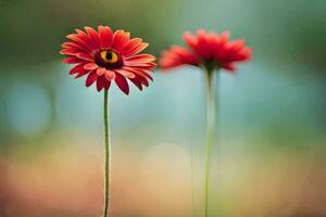 dos rojo flores son en pie en frente de cada otro. generado por ai foto