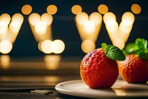 two strawberries on a plate with the word love in the background. AI-Generated photo