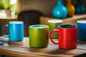 colorful mugs on a table. AI-Generated photo