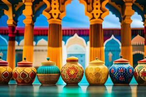 colorful vases lined up in front of a colorful arch. AI-Generated photo