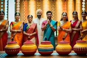 a group of people in colorful saris standing around a table with pots. AI-Generated photo