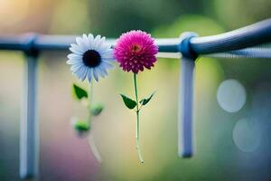 dos flores son colgando desde un tendedero generado por ai foto