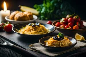 un mesa con pasta, fresas y otro alimento. generado por ai foto