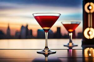 dos martinis sentar en un mesa con un ciudad horizonte en el antecedentes. generado por ai foto