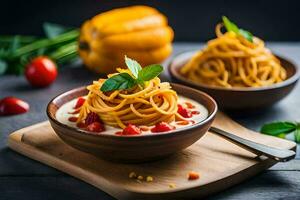 spaghetti with tomato sauce and basil leaves in a bowl. AI-Generated photo