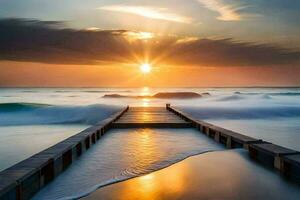 the sun rises over the ocean and a wooden pier. AI-Generated photo
