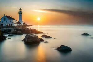 a lighthouse is seen in the sunset. AI-Generated photo