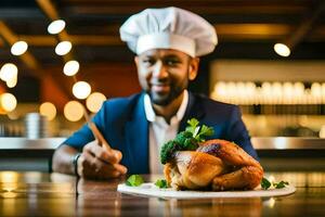 un cocinero participación un pollo en un lámina. generado por ai foto