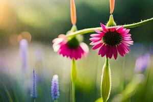 two pink flowers are in the middle of a field. AI-Generated photo