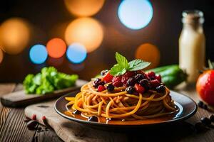 spaghetti with berries and tomatoes on a wooden table. AI-Generated photo