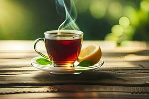 a cup of tea with a lemon slice on a wooden table. AI-Generated photo