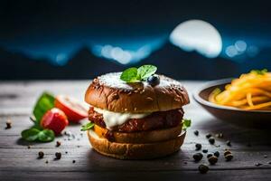 a hamburger with cheese and tomato on a wooden table. AI-Generated photo