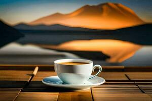 café taza en el mesa con montañas en el antecedentes. generado por ai foto