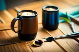 two mugs of coffee on a wooden table. AI-Generated photo