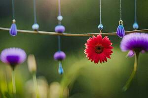 a red flower is hanging from a string with purple and blue beads. AI-Generated photo