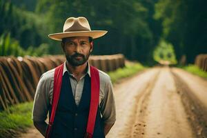 a man in a hat and vest standing on a dirt road. AI-Generated photo