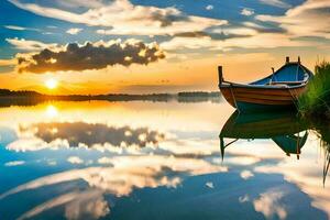 un barco es sentado en el agua a puesta de sol. generado por ai foto