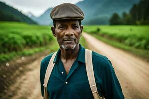 a man wearing a hat and holding a bag on a dirt road. AI-Generated photo