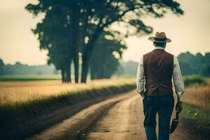 a man in a hat and vest walking down a dirt road. AI-Generated photo