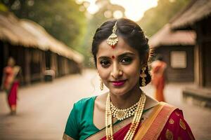 a woman in a traditional sari poses for a photo. AI-Generated photo