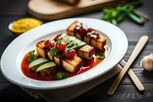 a plate of food with tofu and sauce on it. AI-Generated photo