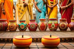 un grupo de mujer en vistoso saris en pie alrededor un grupo de vistoso ollas. generado por ai foto