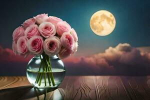 rosado rosas en un florero en un mesa con un lleno Luna. generado por ai foto