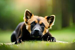 un perro tendido en el césped en el bosque. generado por ai foto