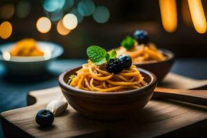 spaghetti with blueberries and mint on a wooden board. AI-Generated photo