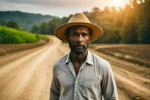 a man in a hat standing on a dirt road. AI-Generated photo