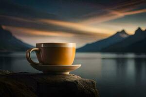 un taza de café en el rocas generado por ai foto