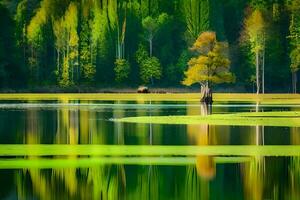 un solitario árbol es reflejado en el agua. generado por ai foto