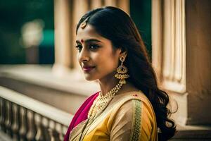 a beautiful indian bride in a yellow sari. AI-Generated photo