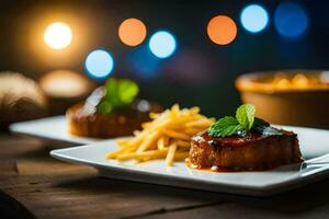 two plates with food on them and a candle in the background. AI-Generated photo