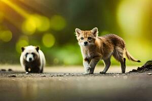 a small fox and a panda bear walking on a road. AI-Generated photo