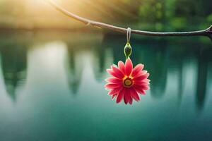 a pink flower hanging from a branch over a lake. AI-Generated photo